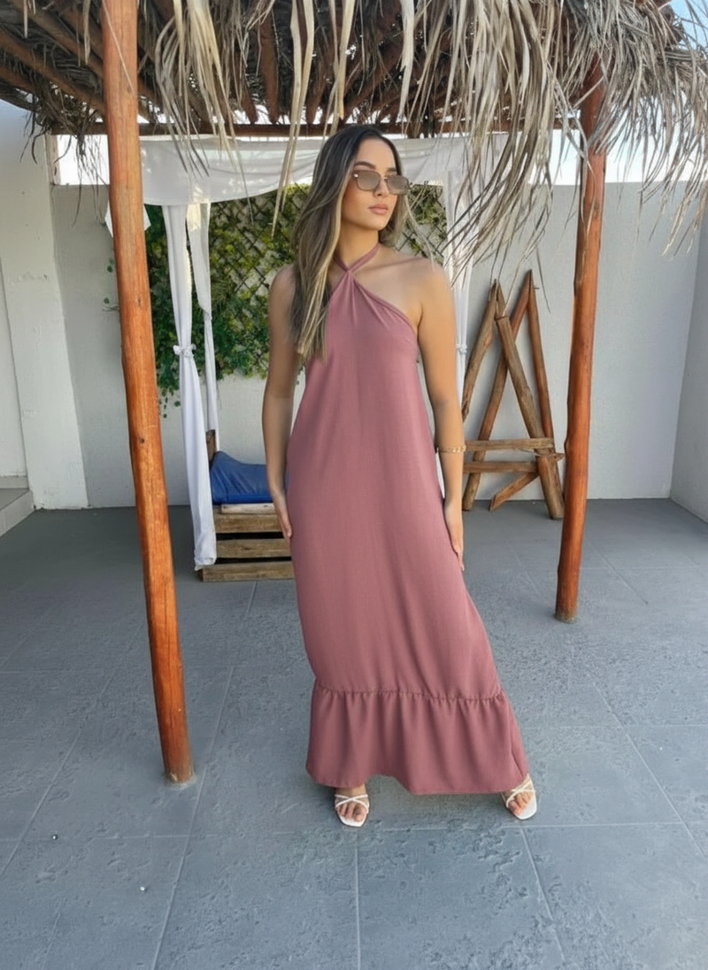 Vestido longo duna modelo amarra no pescoço