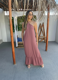 Vestido longo duna modelo amarra no pescoço