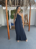 Vestido longo duna modelo amarra no pescoço