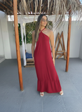 Vestido longo duna modelo amarra no pescoço